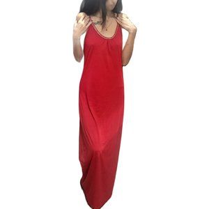 Red maxi dress with feminine rhinestone lined neckline